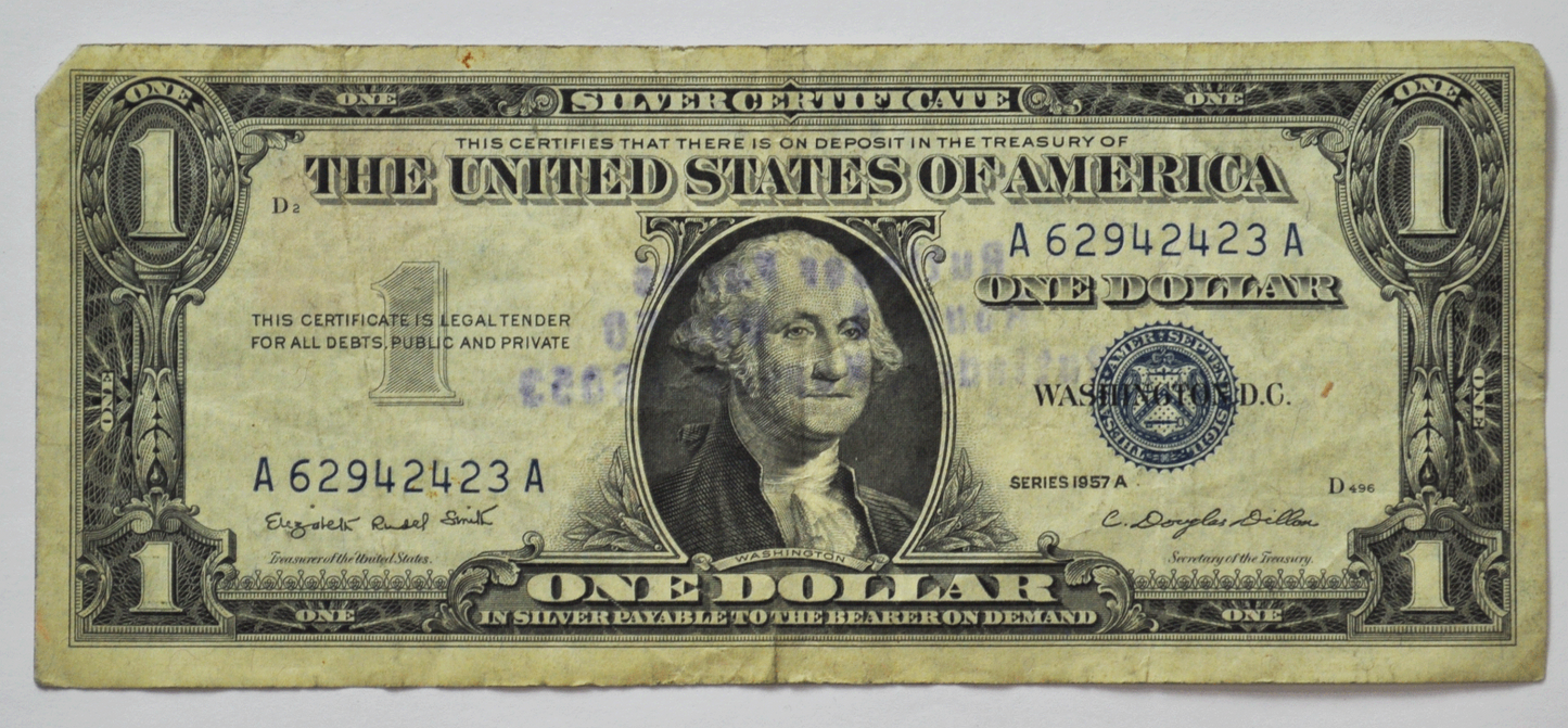 1957 A $1 Silver Certificate Note A62942423A FR#1620 Rutlander Farms KS Stamp