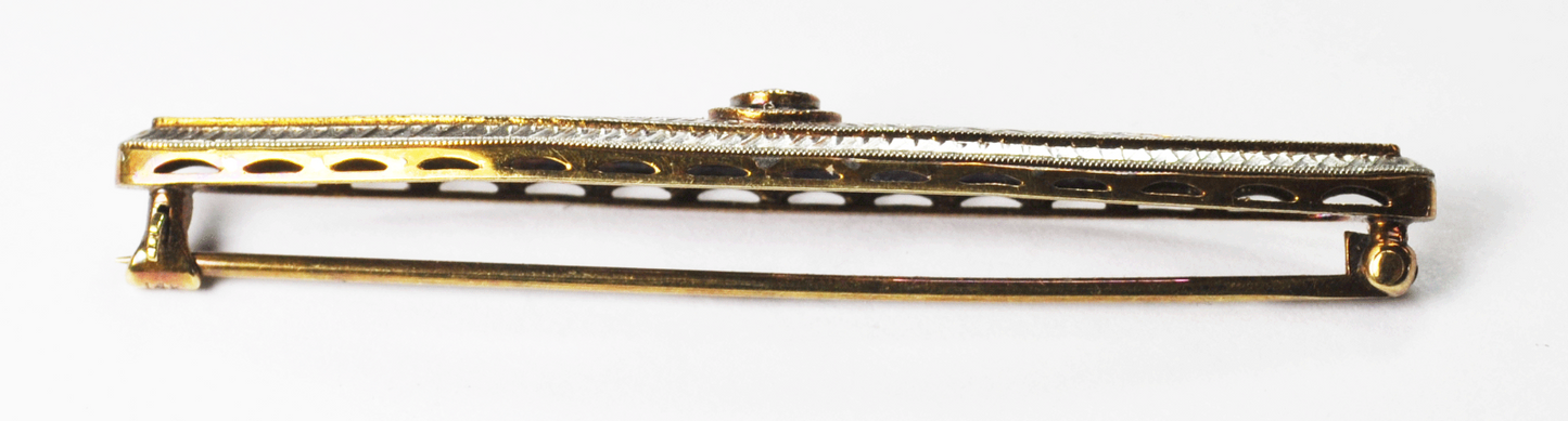 Antique 14k White & Yellow Gold Brooch .10ct Diamond Center Filigree 56mm x 13mm