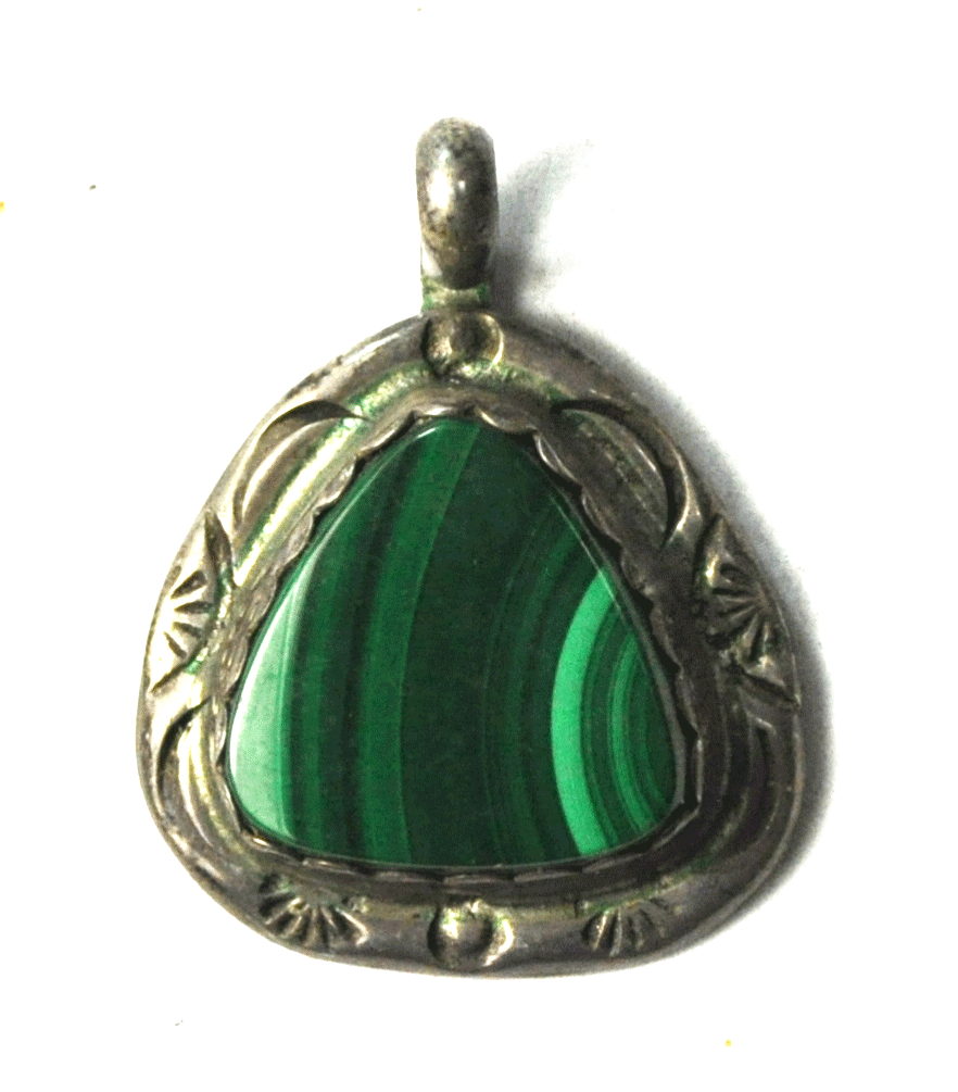 Sterling Silver Malachite Triangle Green Pendant Signed CB 27mm x 21mm