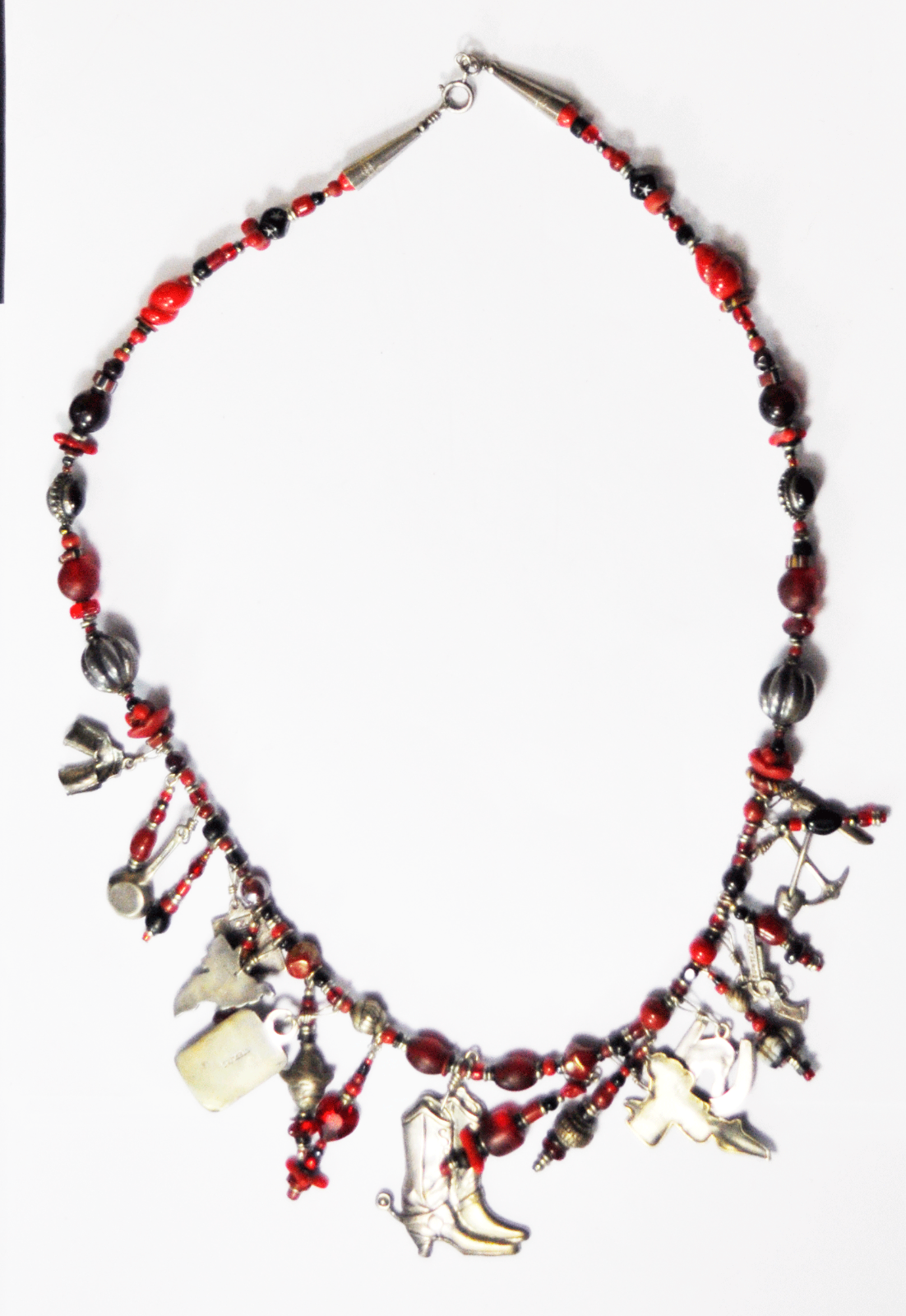 Sterling Silver Red Bead Southwest 2" Charm Necklace 23.5" Boots Pistol Saddle