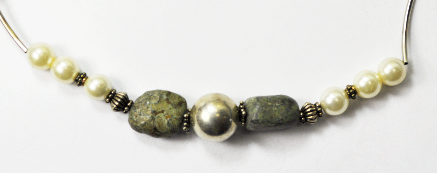 Sterling Silver Faux Pearl Beach Stone Toggle Necklace 17mm 16"