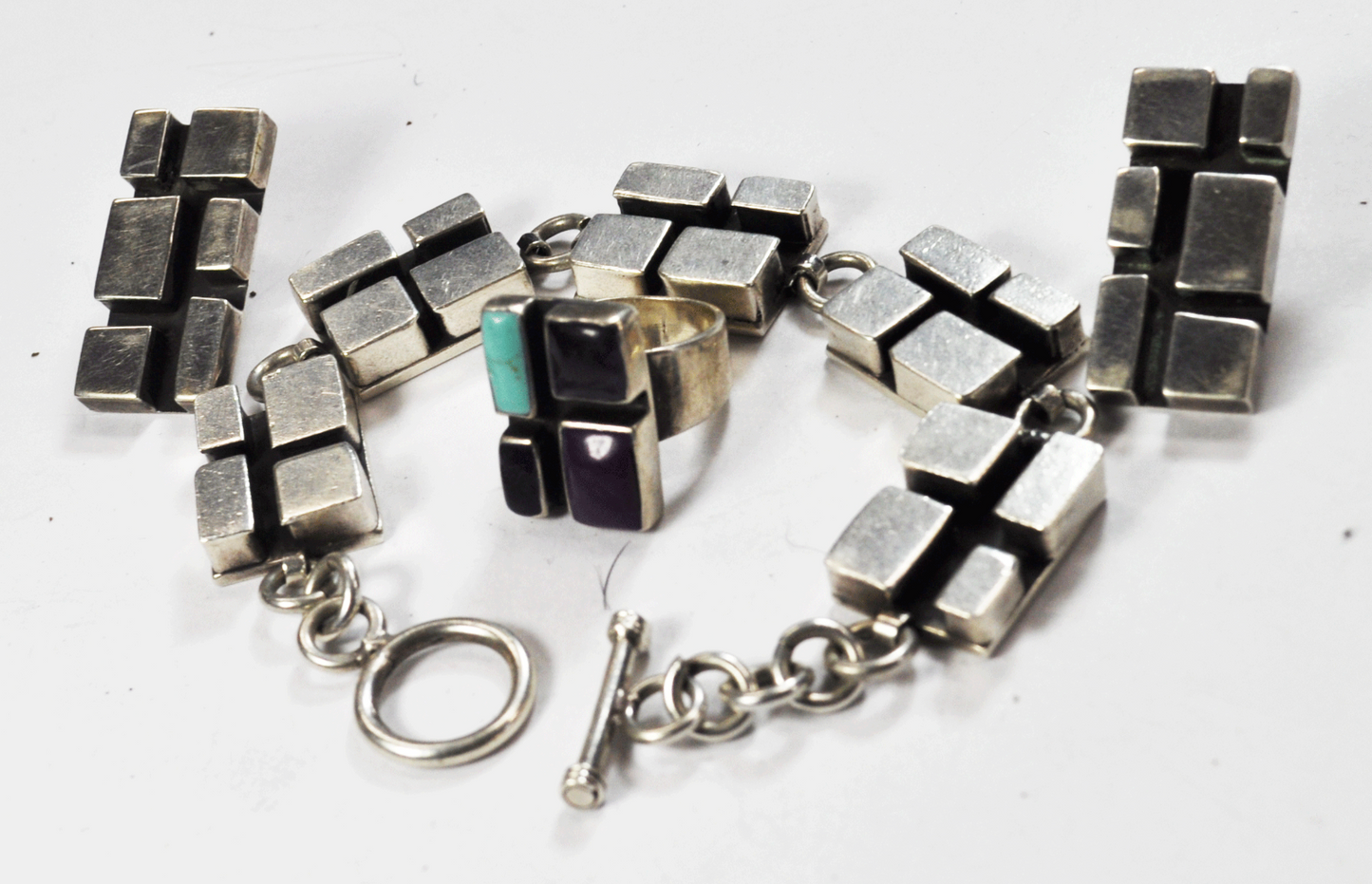 Sterling Brick 16mm 8" Bracelet 15x31mm Earrings 20mm Ring sz 6-1/4 81.2g Set