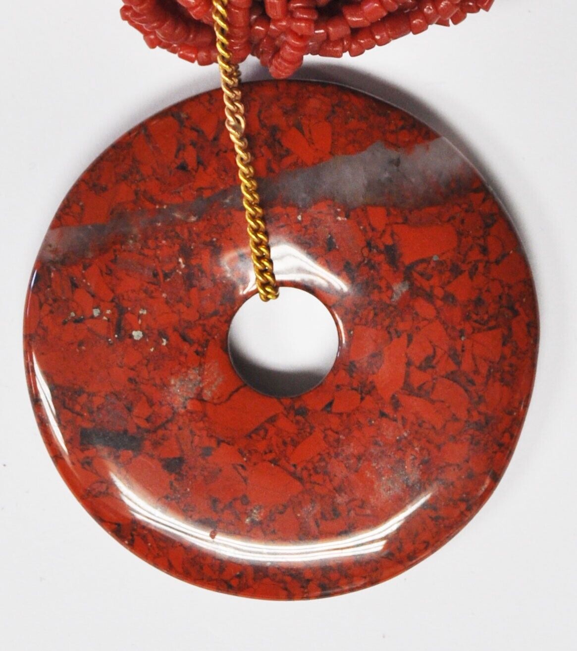 Nickel Silver 30 Strand Coral Seed Bead 23" Necklace Red Jasper 34mm Pendant