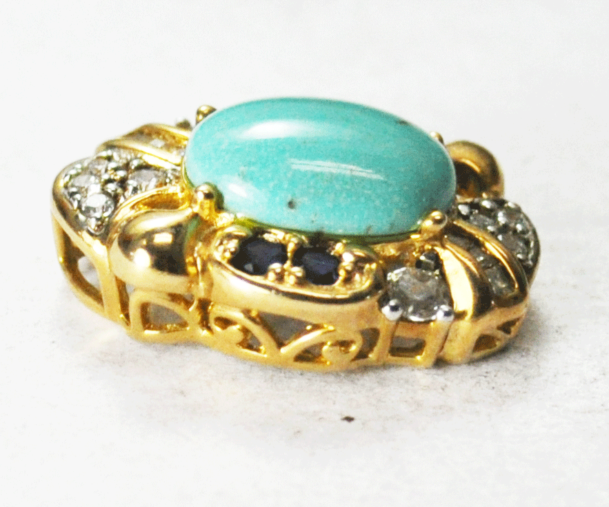 Sterling Silver Dyed Howlite Turquoise Oval Gold Tone CZ Pendant 16mm x 22mm