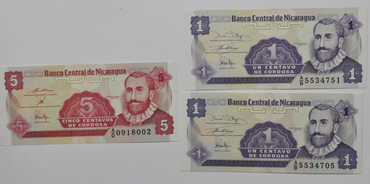 3 1991 Nicaragua Uncirculated One Five 1 & 5 Centavo Note Currency