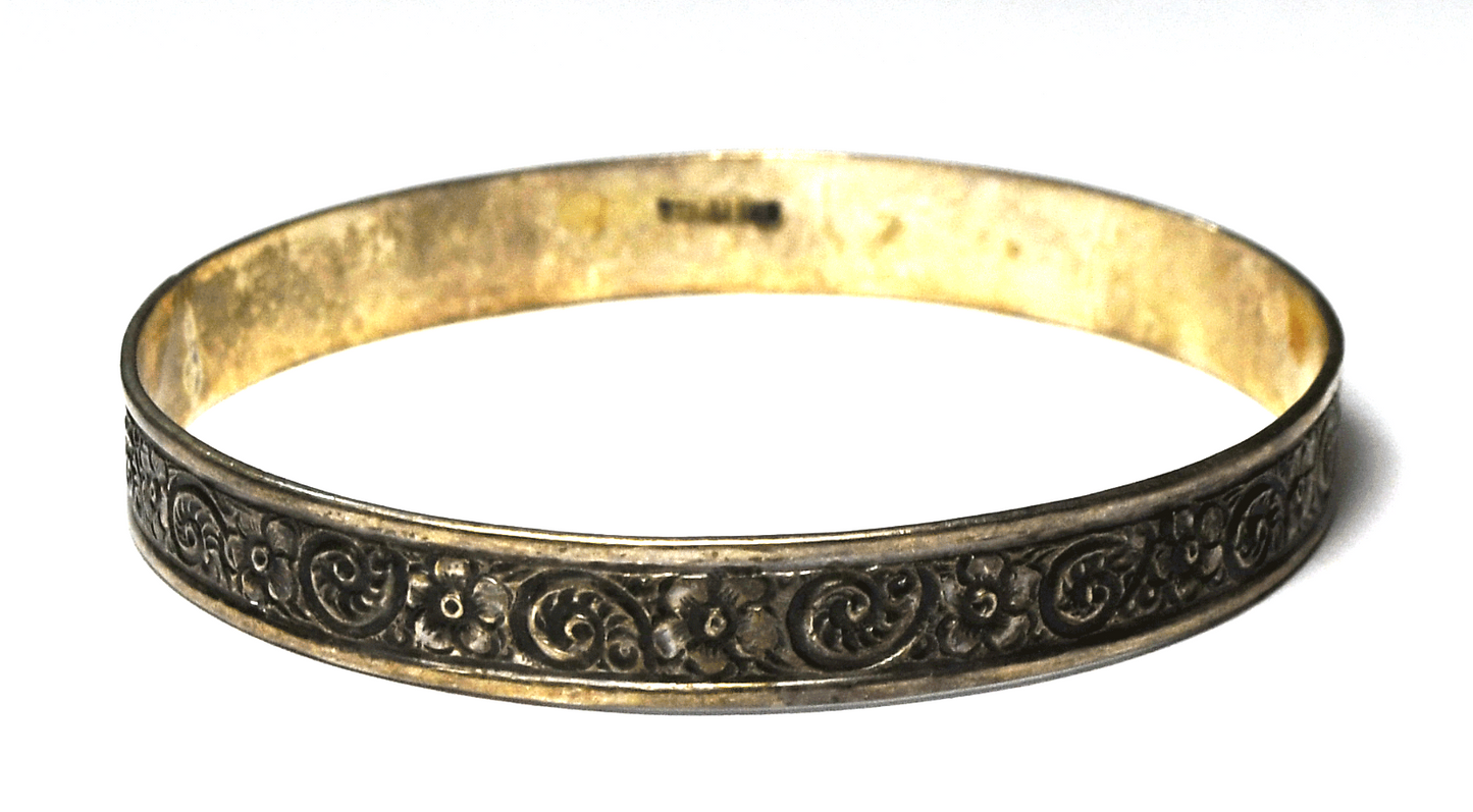Sterling Silver Floral Repousse Flower Medium Bangle Bracelet 9mm