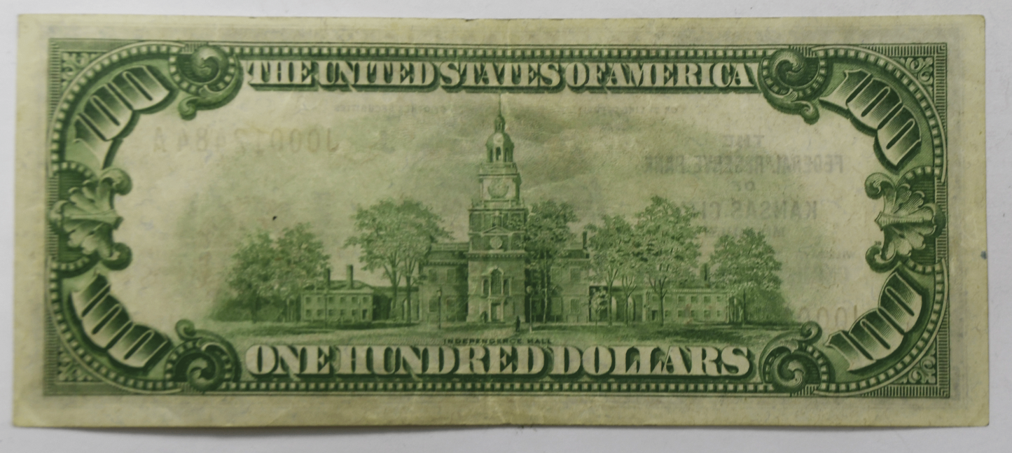 1929 $100 FRBN Federal Reserve Bank Note KC Missouri J00012484A Low Serial