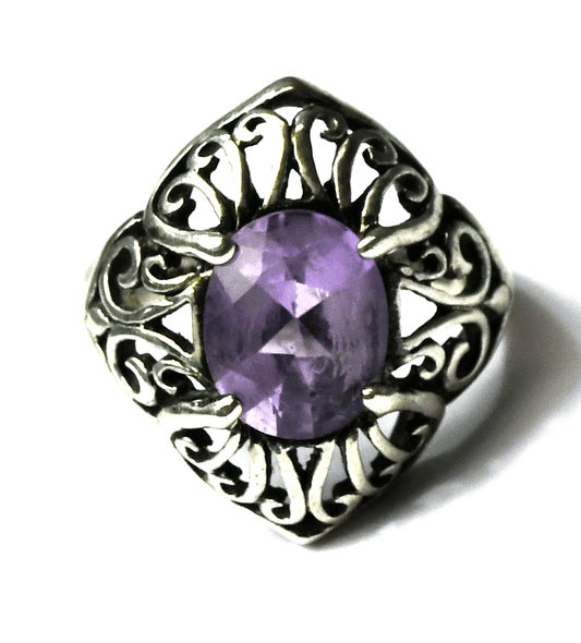 Sterling Silver Kabana Amethyst Filigree Ring 21mm Size 7-1/2