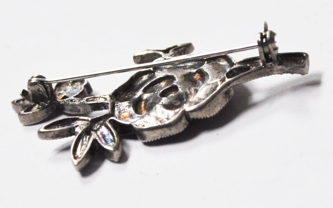 Sterling Silver Enameled Flower Rose Marcasite Brooch Pin 47x28mm
