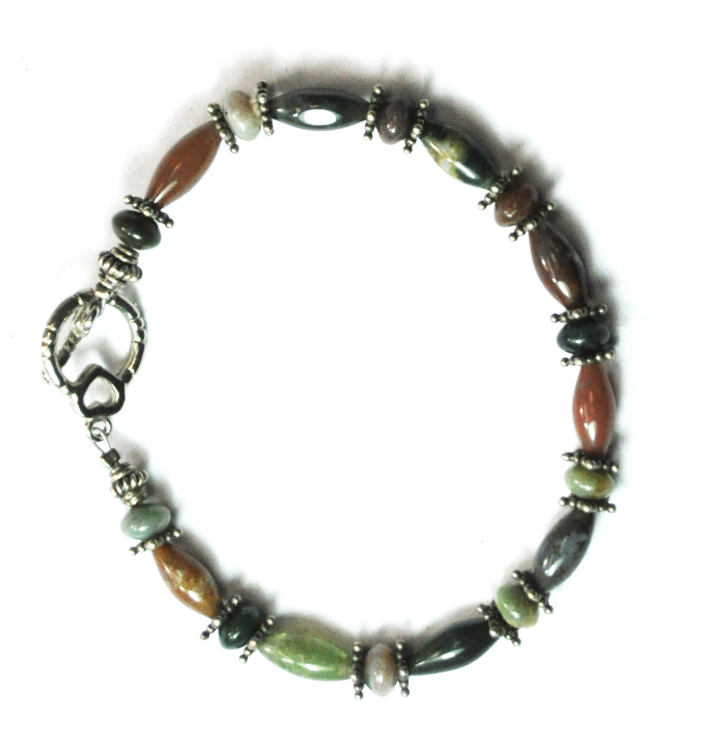 Sterling Silver Multi Color Jade Bead Bracelet 8mm 7-3/4" Heart Toggle