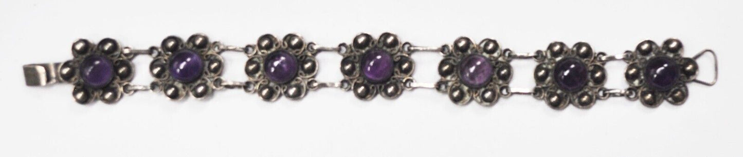 Vintage Mexico Sterling Silver Amethyst Flower Bracelet 17mm 7"
