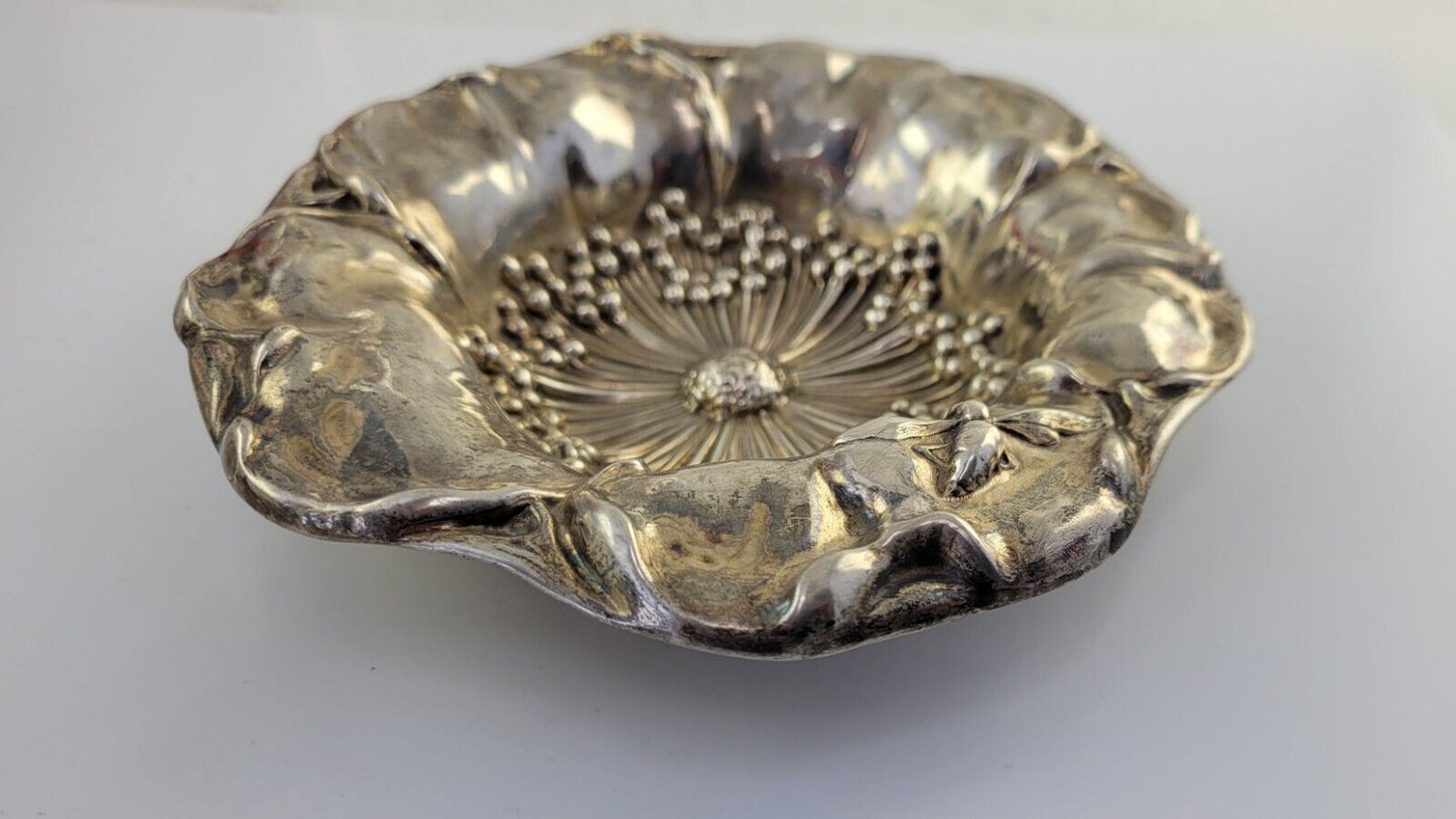1880s Mauser Poppy Sterling Silver 5 1/2" Hand Wrought Repoussee Dish 2.4oz.