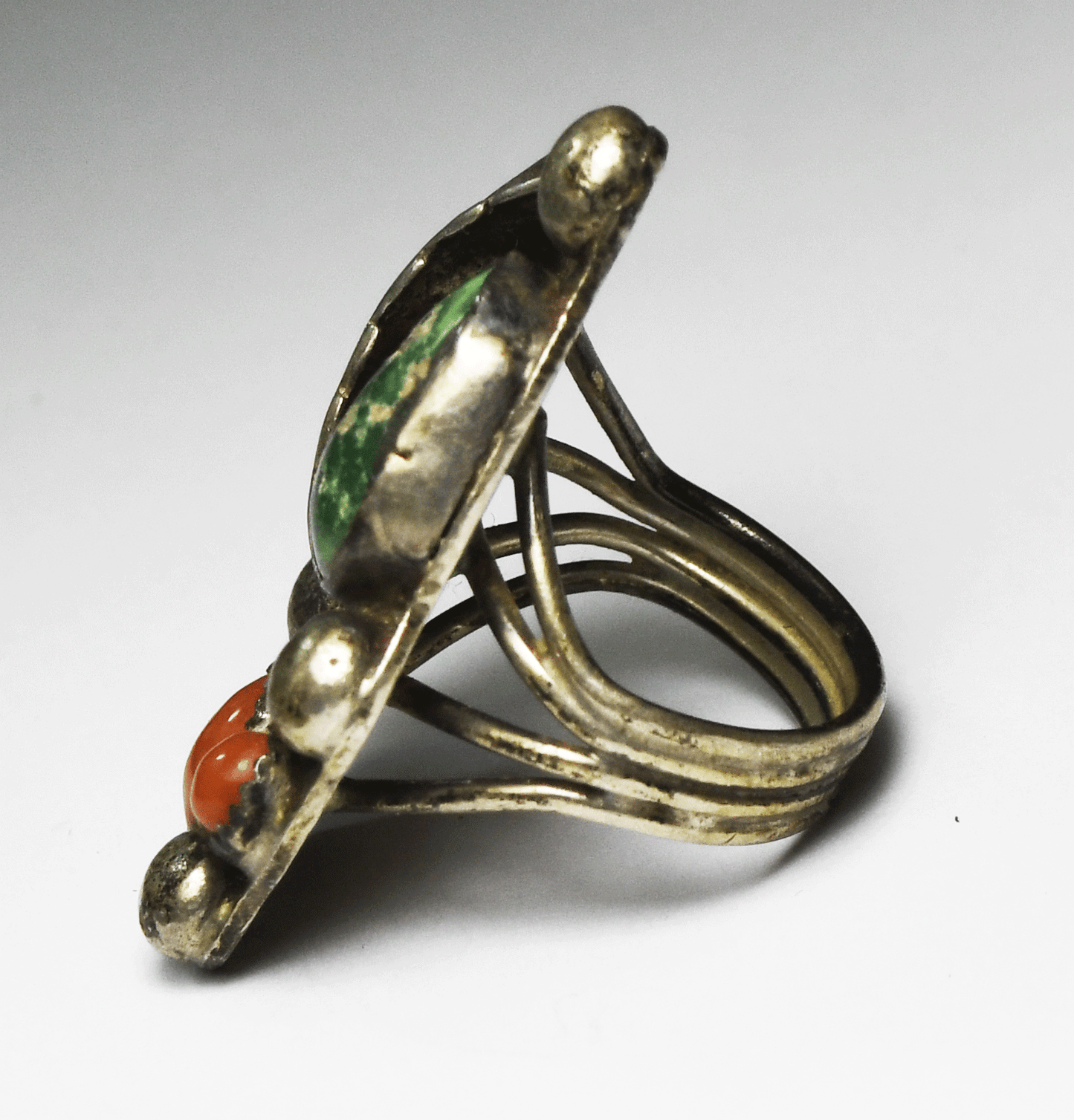 Antique Sterling Silver Coral Turquoise Floral Ring 39mm Size 7
