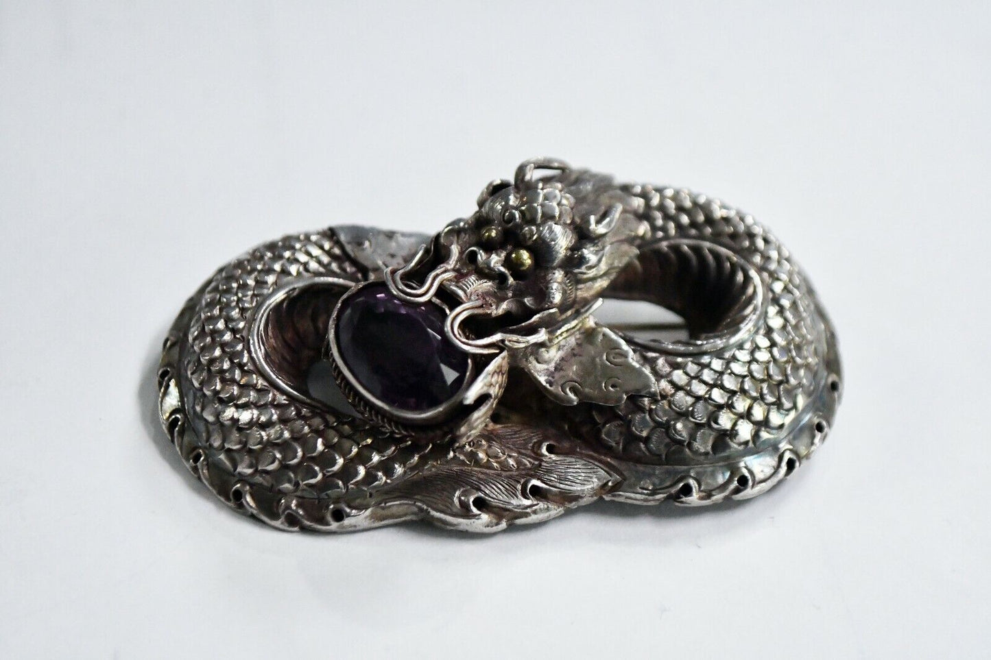 Vintage Sterling Silver & 8ct. Amethyst Oriental Dragon Pendant Nepal 2 3/4"