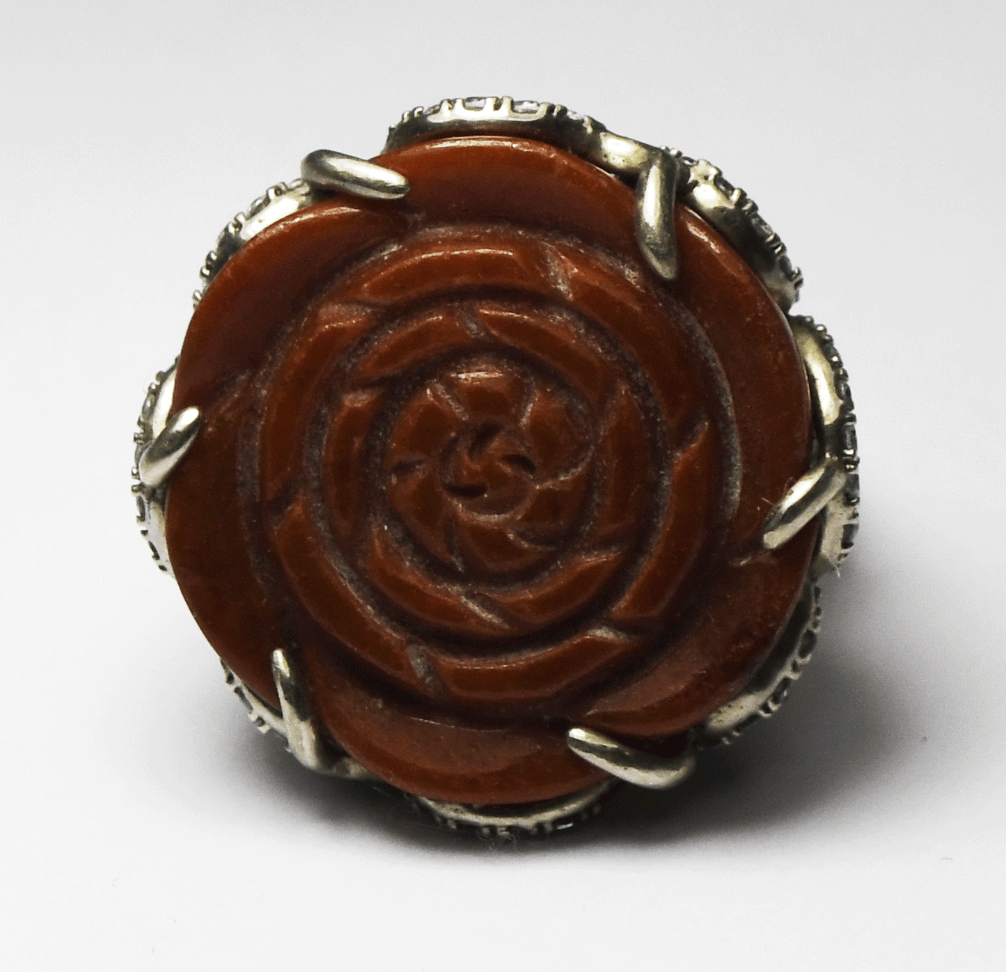 Sterling D'Joy Red Jade Carved Round Flower Ring 27mm Size 7