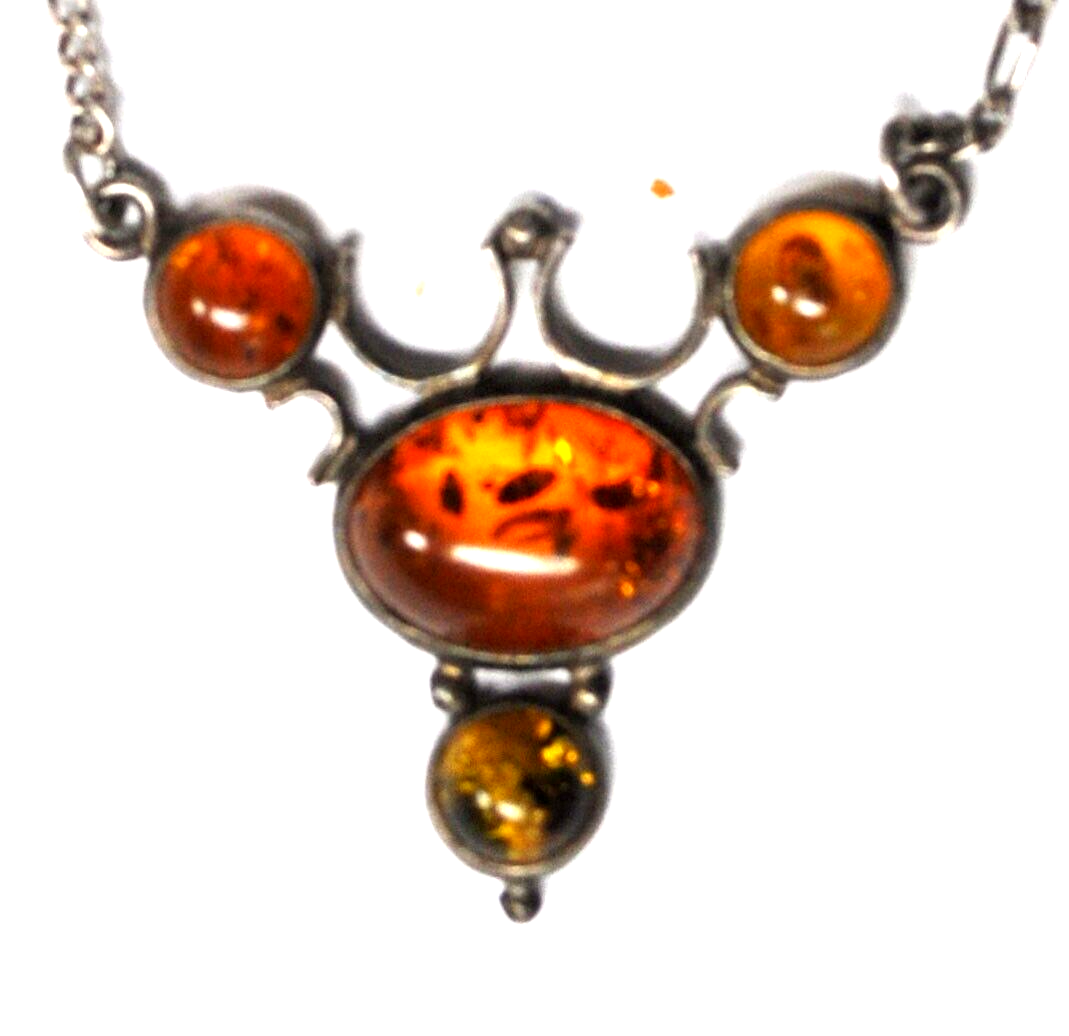 Sterling Silver VB Poland Amber 28mm Pendant 19" Necklace