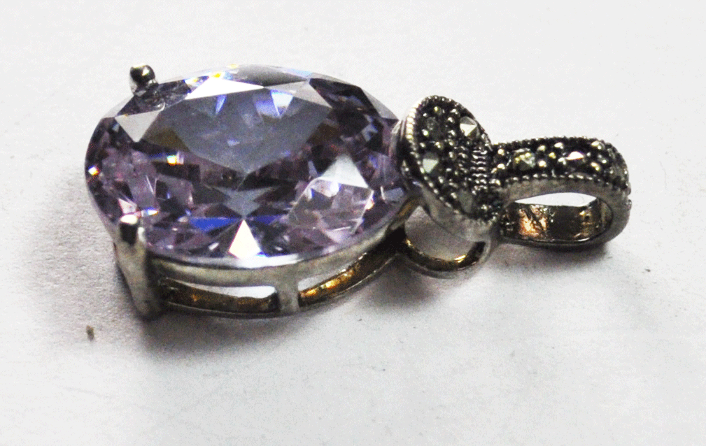 Sterling Silver DBJ Oval Purple CZ Marcasite 28mm x 13mm Pendant 4mm Bale