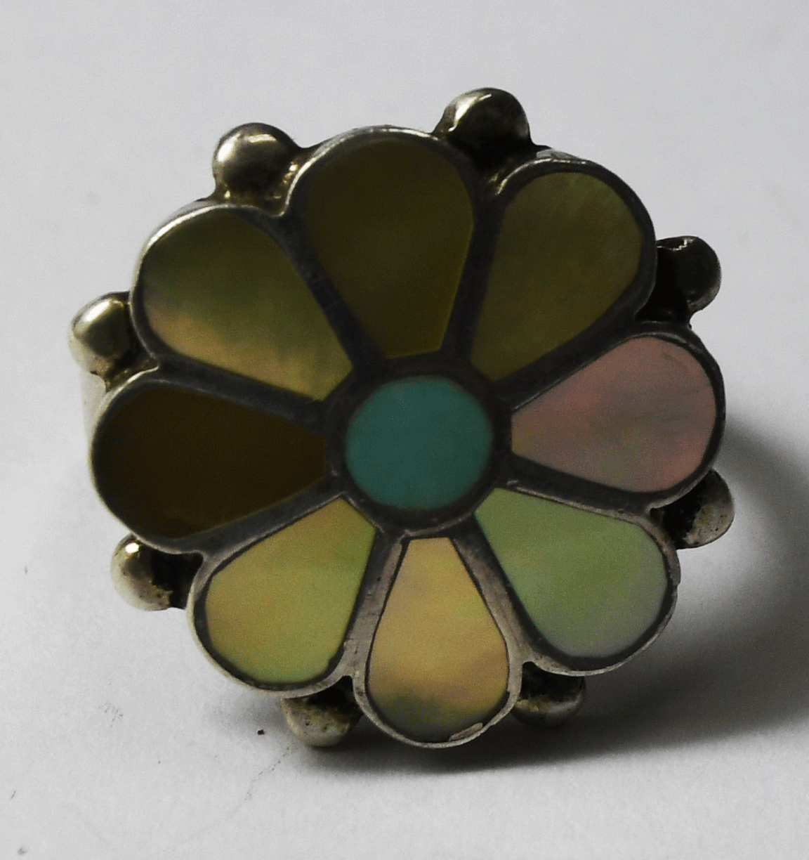 Sterling Silver Fleur Des Lis Signed MOP Inlay Flower Ring 21mm Size 8