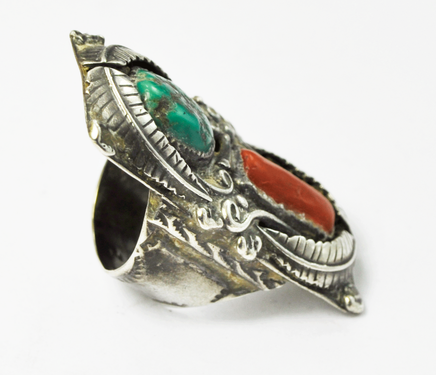 900 Fine Silver Turquoise Coral Shield Elongated Ring Floral Overlay 47mm Sz 9