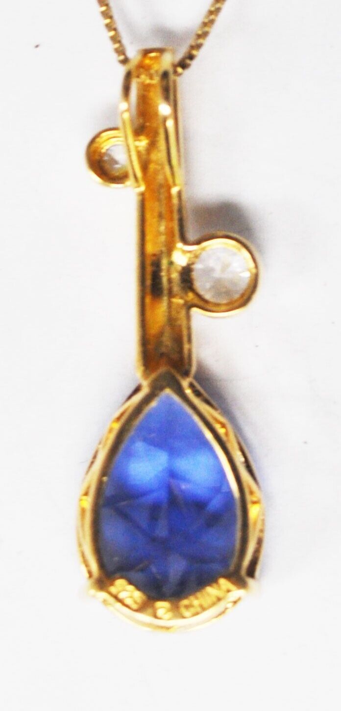 Sterling Silver Gold Tone Banjo Dark Blue CZ Pendant 43mm x 14mm 18" Necklace