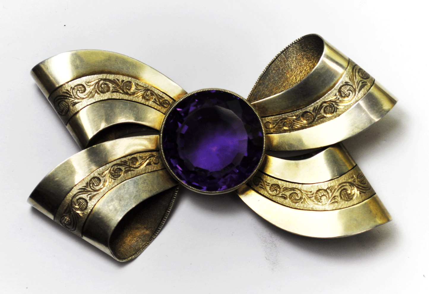 Vintage 900 Fine Silver 4" Large Bow Scroll Lace 29mm Amethyst Brooch Pin 60g