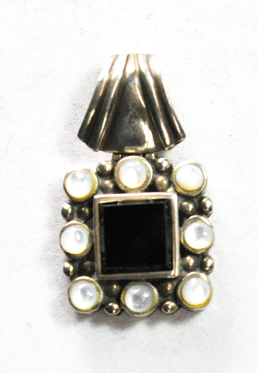 Sterling Silver SX Black Onyx Square MOP Halo 29mm x 18mm Pendant 4mm Bale