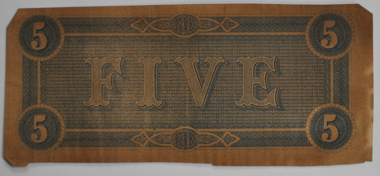 1864 $5 Confederate Note Currency Five Dollars CS-69 February 17th