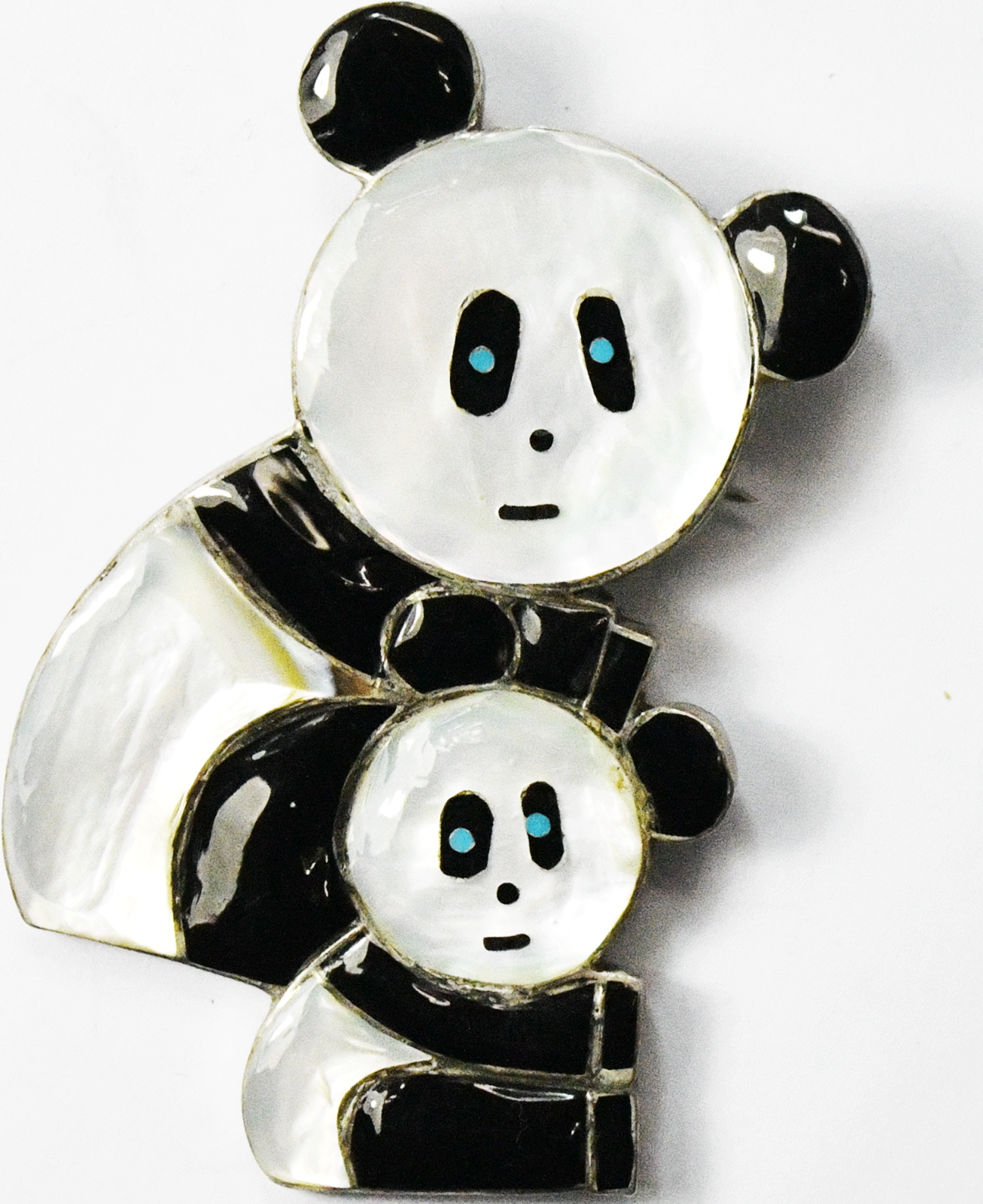 Sterling Silver RKL Panda & Cub Onyx Turquoise MOP Inlay Pendant Brooch 73x46mm
