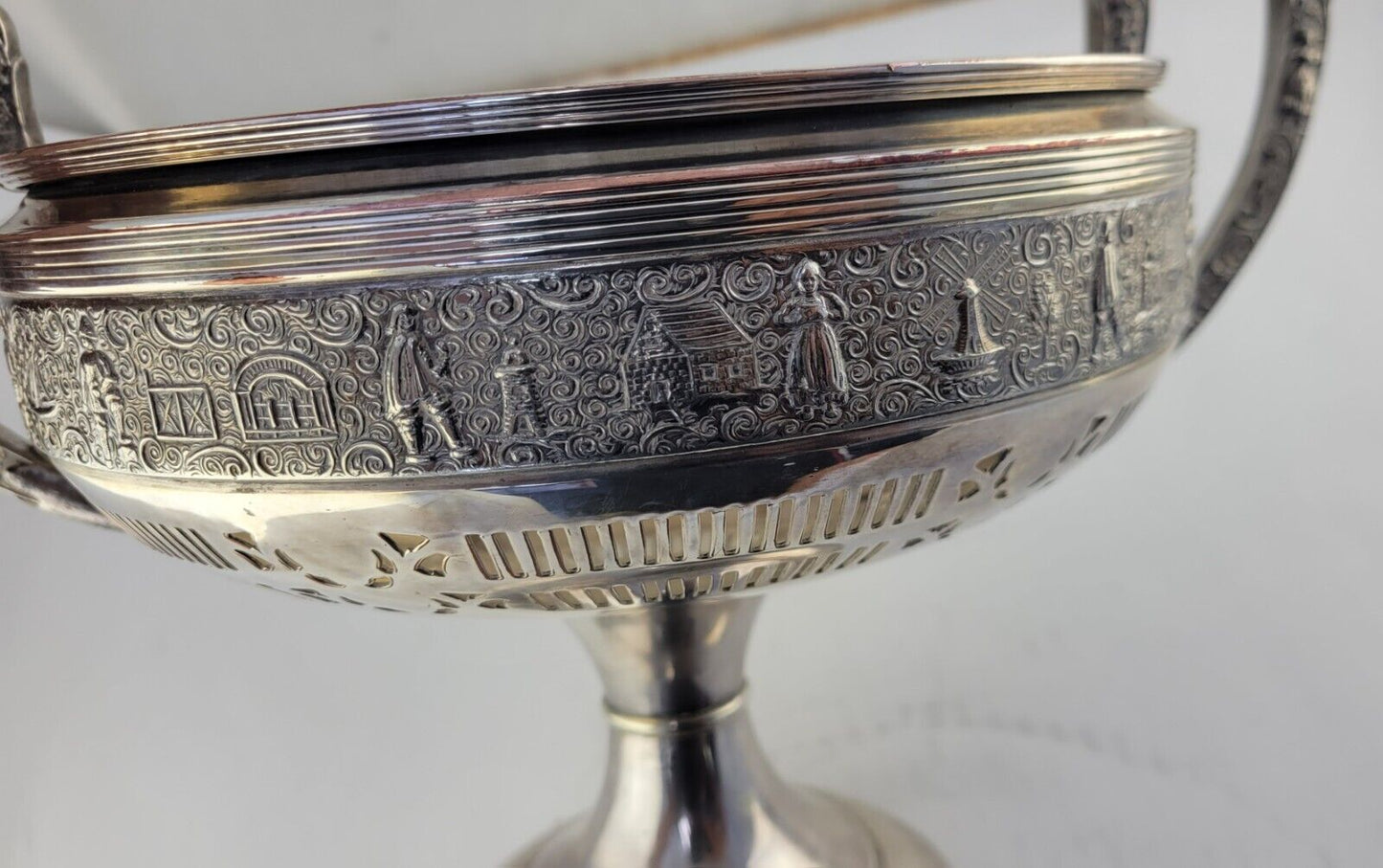 Friedman Silverplate Dutch Scenes Reticulated Repoussé Handled Centerpiece