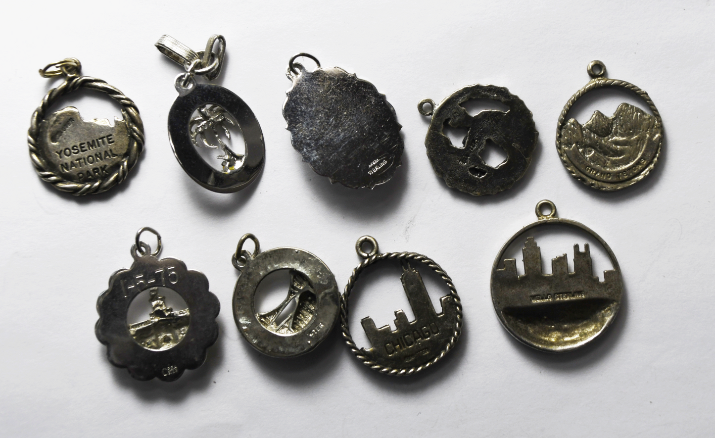 Lot of 9 Sterling Silver Travel Charms KC Yosemite Chicago SF Philadelphia