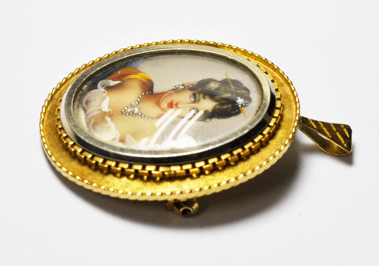 Antique Diamond Enamel Portrait Gold Pin Pendant Beautiful Bust 34mm X 40mm