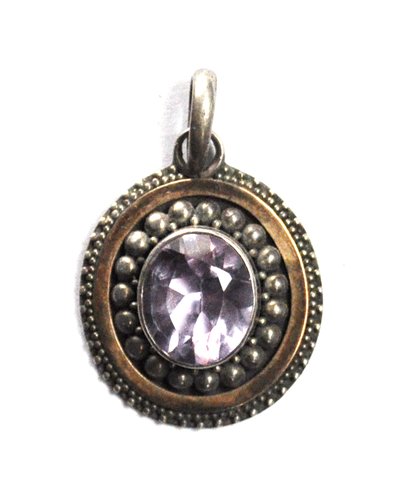 Sterling Silver Oval Purple CZ 33mm x 22mm Two Tone Pendant 5mm Bale Dot Halo