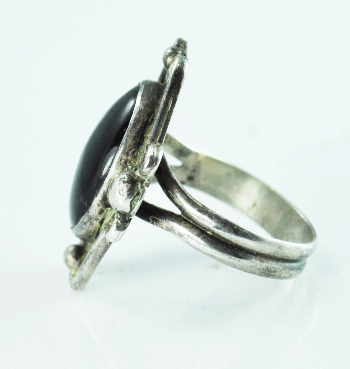 Sterling Silver Oval Black Onyx Handcrafted Ring Dot 28mm Size 7