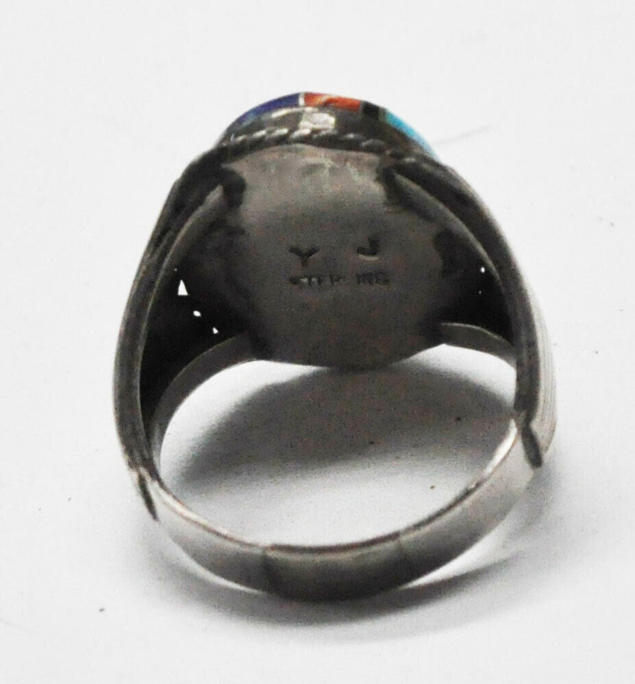 Antique Sterling Silver YJ Turquoise Spiny Oyster Inlay Ring 23mm Size 11