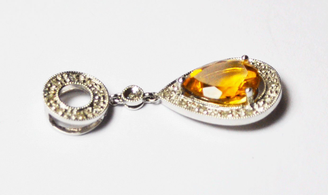 Beautiful Pear Citrine & Diamond Tear Drop Pendant 30mm Dangle Slide 14kwg