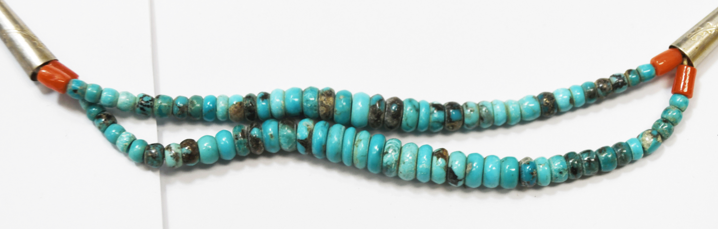 Sterling Signed EA 4" Teardrop Halo Turquoise Coral 7mm Bead Necklace 23"