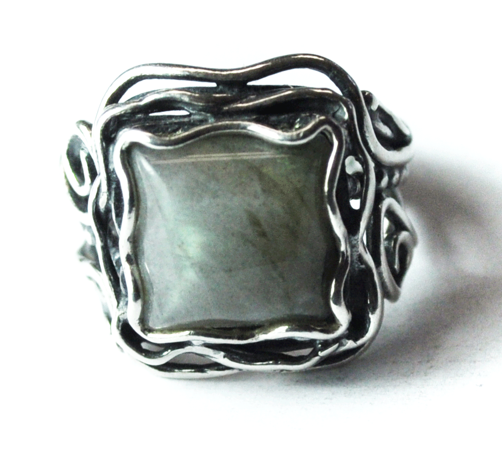 Sterling Silver Didae Labradorite Square Ring Wire Dot Filigree 20mm Size 7-3/4