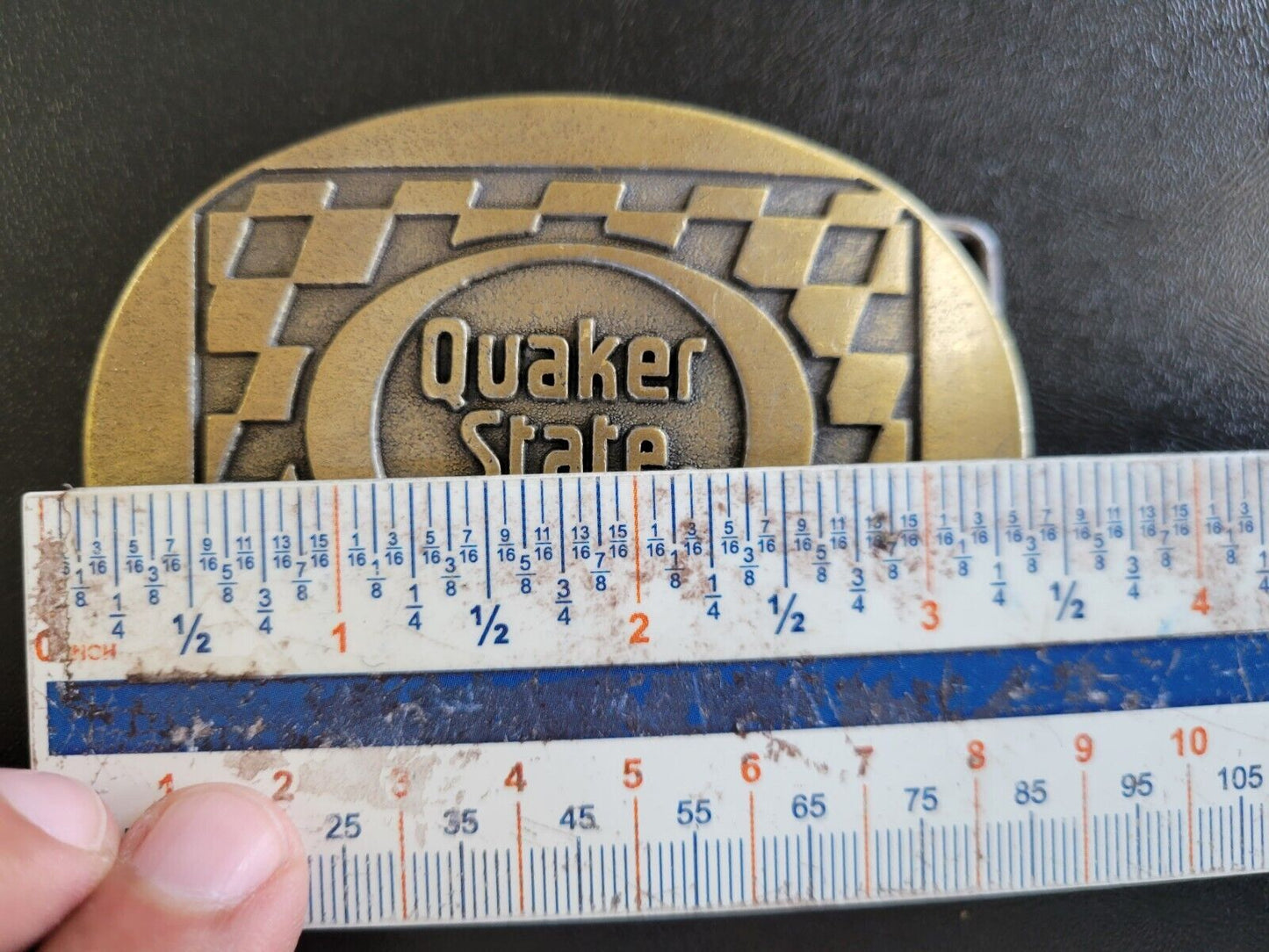 Vtg 1980's Quaker State Motor Oil Company Racing Car Truck Brass Belt Buckle