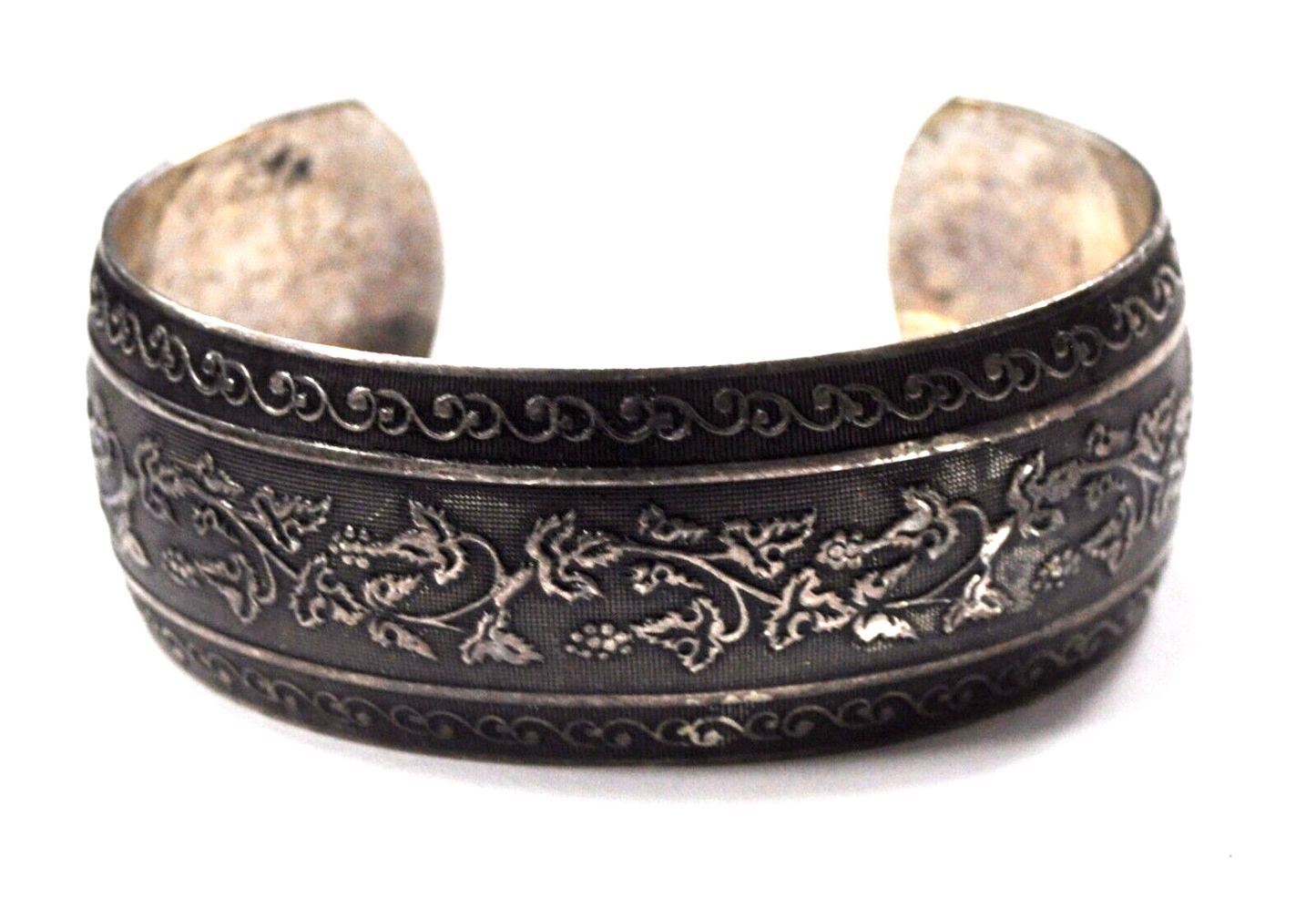 Sterling Silver Cross Hatch Stripe Floral Scroll Cuff Bracelet 25mm 6-3/4" Wrist