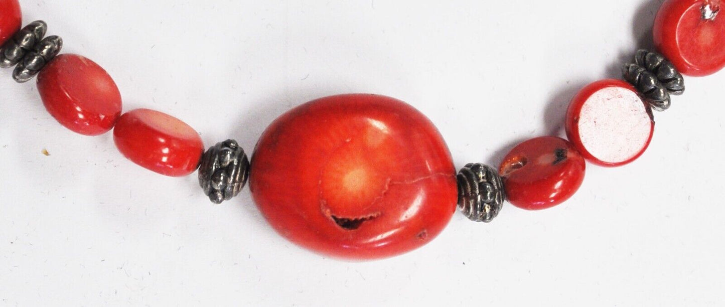 Sterling Red Coral Chunk 19mm Bead Necklace 20"