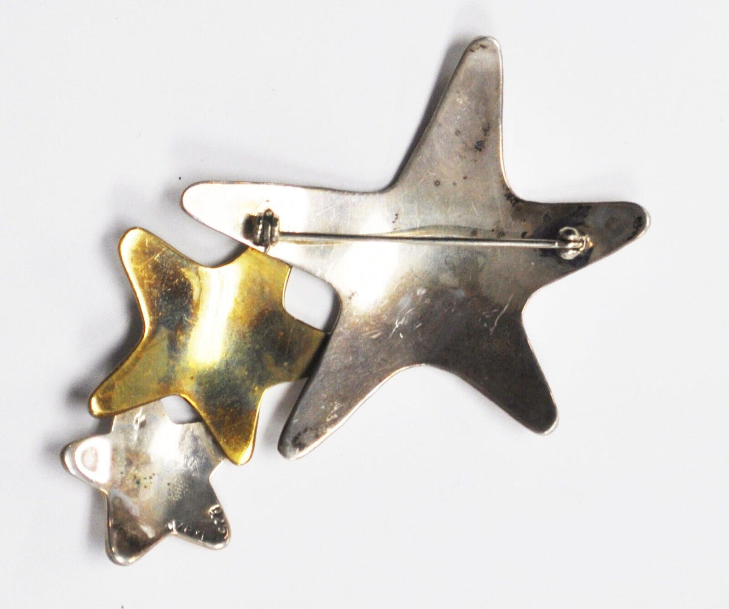 Sterling Silver Two Tone Bronze Shooting 2 Star Brooch Pin 55x78mm
