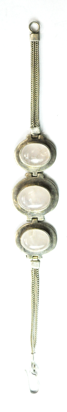 Sterling Silver Light Pink Crackled Quartz 26mm 3 Oval 2 Chain Bracelet 7.5"