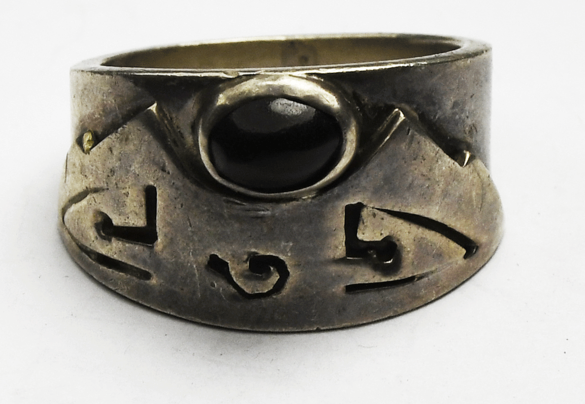 Sterling Silver Mexico Mountains Landscape Onyx Ring 13mm Size 8-1/2
