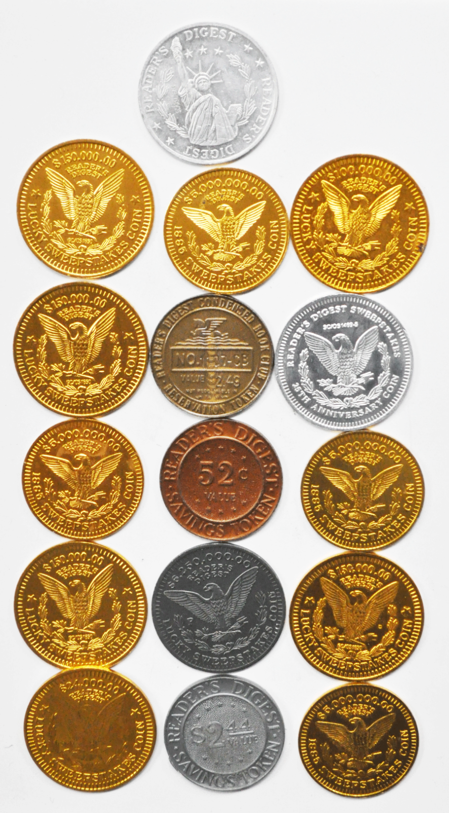 Lot of 16 Readers Digest Aluminum Tokens Book Club Savings Sweepstakes