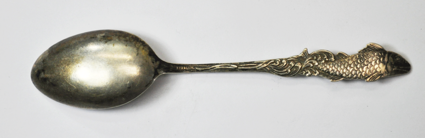 Antique Mechanics Fish Handle Scroll Water Souvenir Spoon 5-5/8"