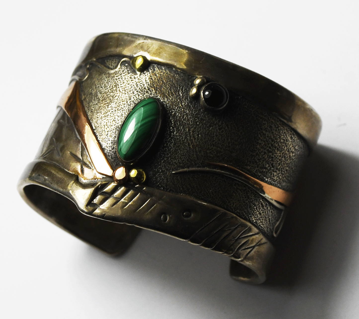 Sterling Silver Two Tone Malachite Onyx Wide Cuff Bracelet 39mm 6.25" Wrist