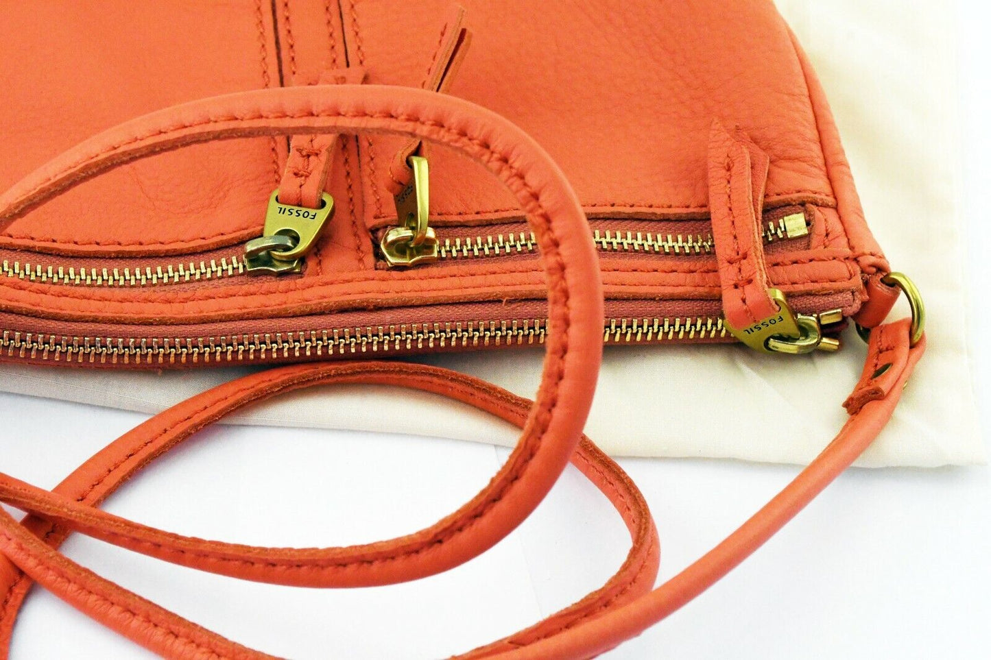 Fossil ELISE Coral Pink Double Zip Leather Crossbody Purse Handbag 10 x 6 1/2"