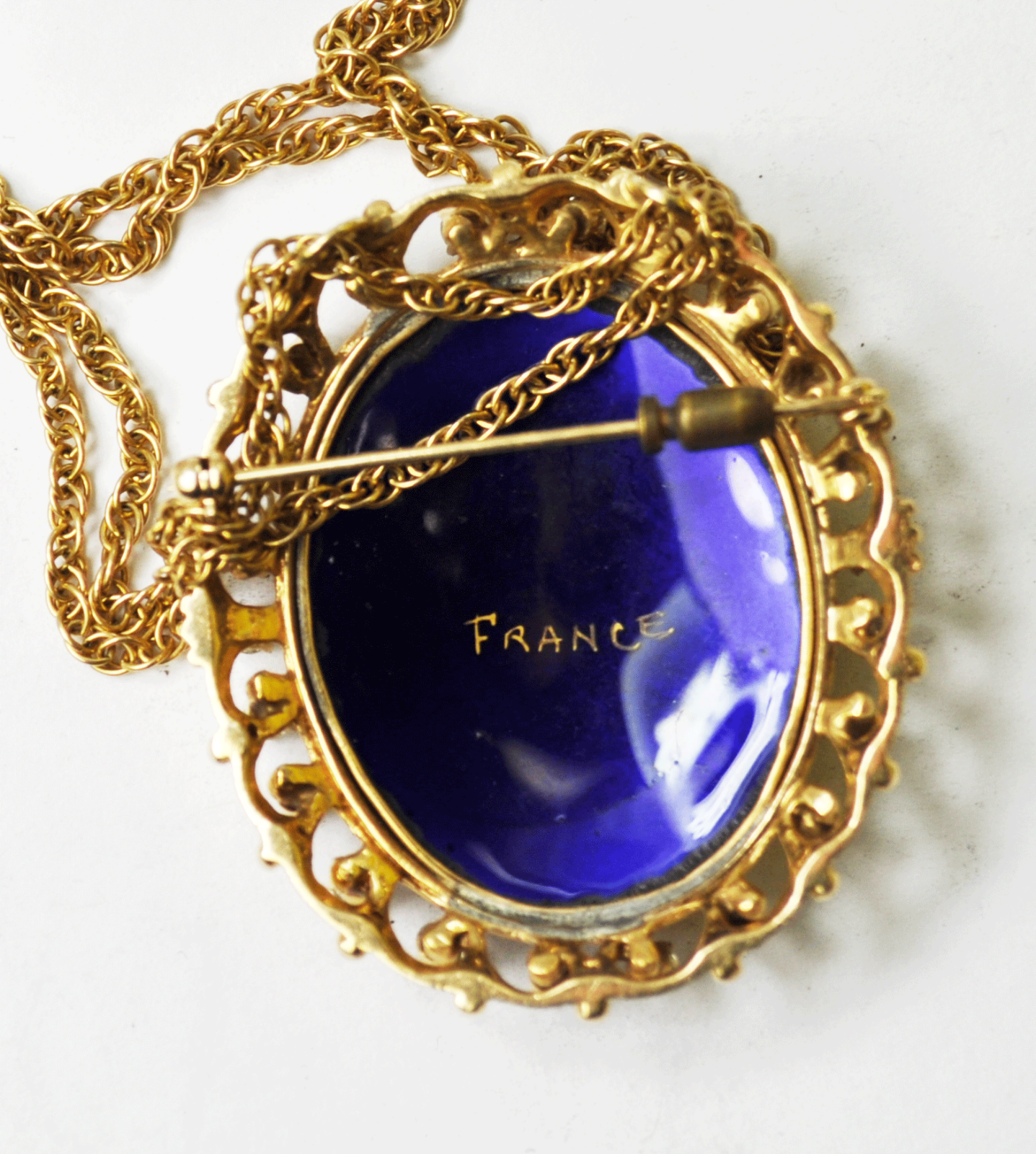 Antique 14k Gold France Diamond Cobalt Enamel Pendant Pin 1-3/4"x1.5" 1.25ct 23"