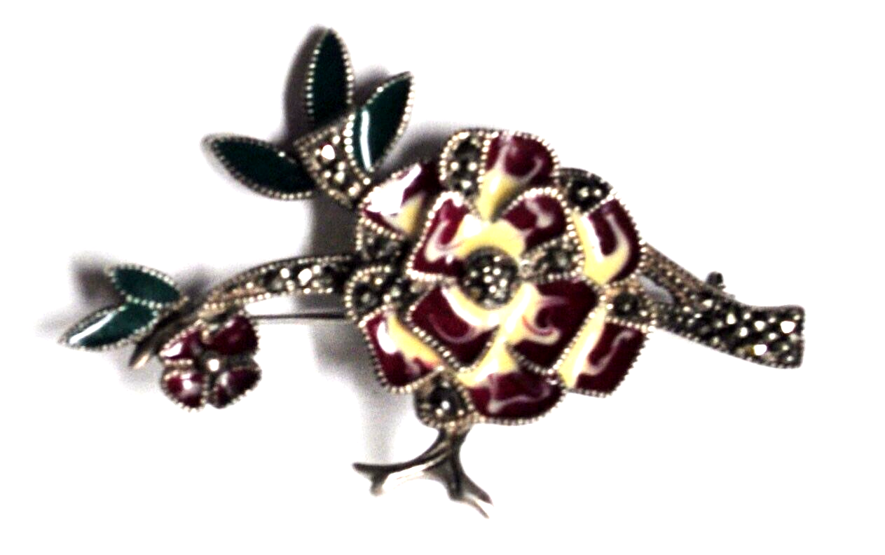 Sterling Silver Enameled Flower Rose Marcasite Brooch Pin 47x28mm