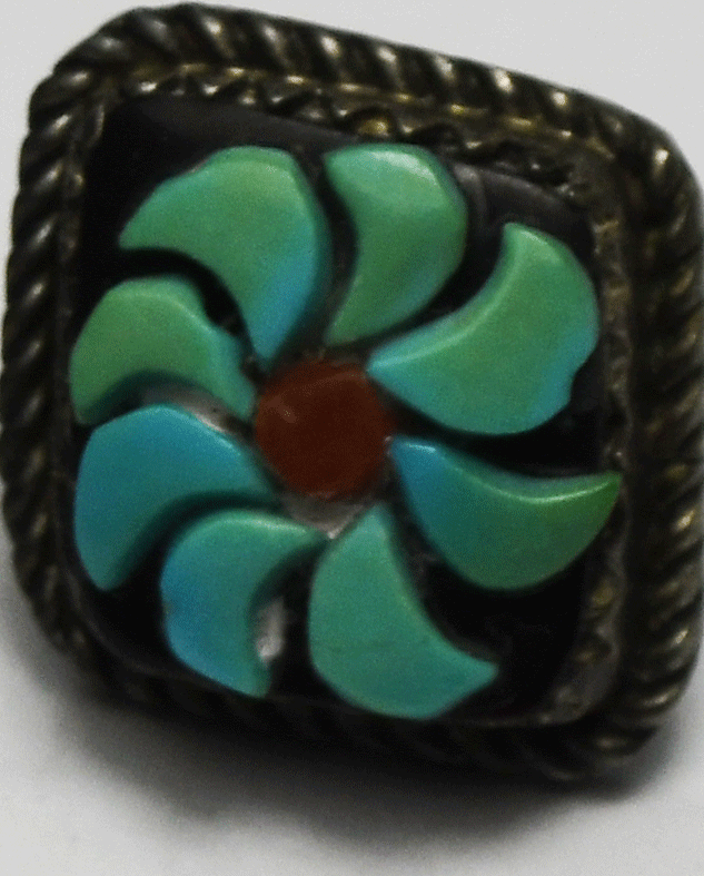 Sterling Silver Turquoise Coral Inlay Flower Earrings 17mm x 15mm Stud